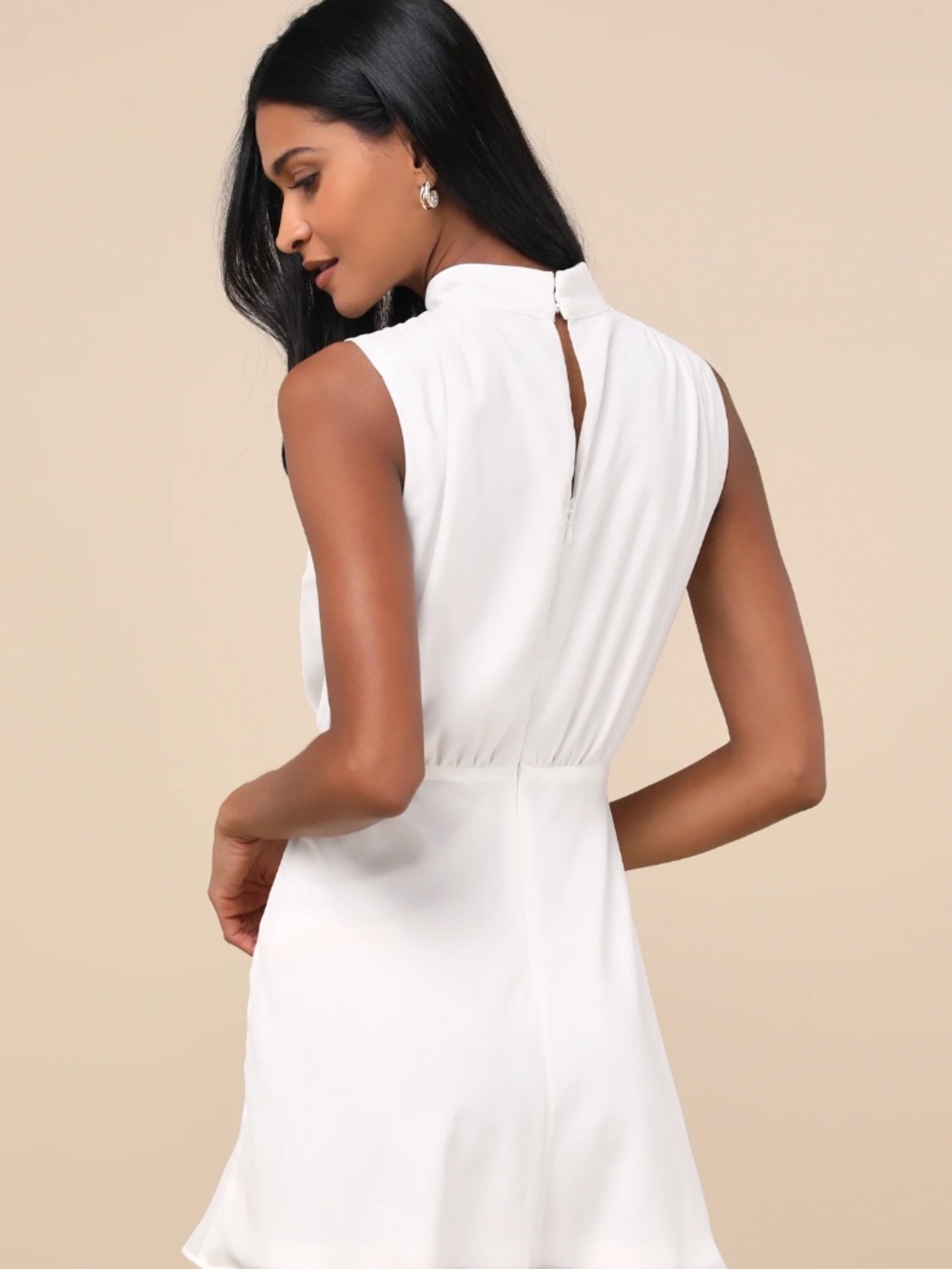 Lulus Classic Elegance White Chiffon Sleeveless Mock Neck Mini Dress - Size L - Picture 2 of 2